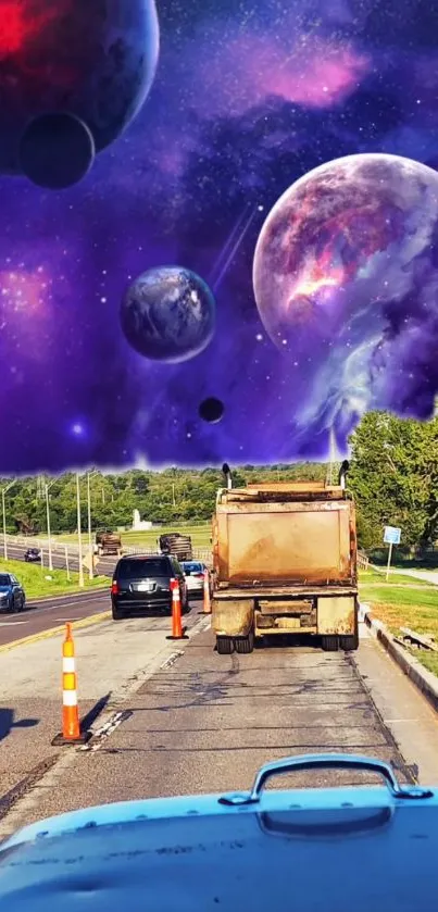 Surreal road scene with cosmic sky and planets viewed on a mobile wallpaper.