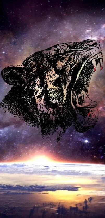 Roaring tiger head in cosmic galaxy art wallpaper scene.