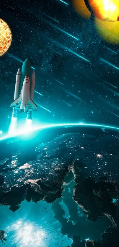 Rocket launching in space with planets and stars shrouded in blue hues.