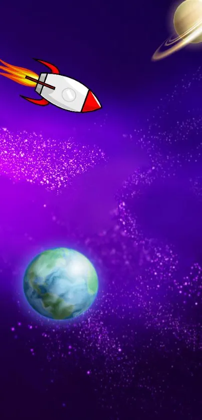 Vibrant space scene with rocket and planets in a purple galaxy.