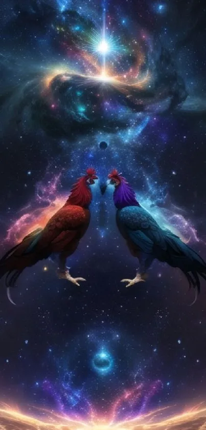 Two colorful roosters in a cosmic galaxy background, creating a stellar view.