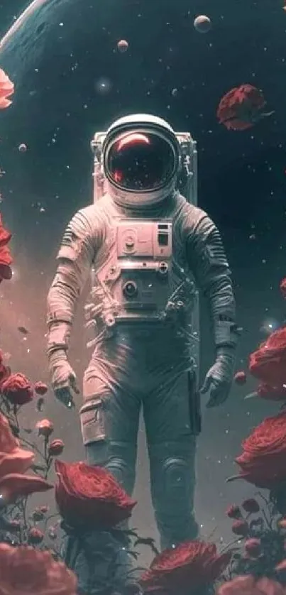 Astronaut stands among red roses in a cosmic space setting.