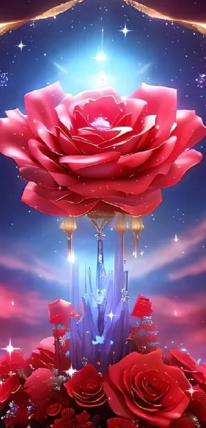 Vibrant cosmic rose blooms in a celestial fantasy setting.