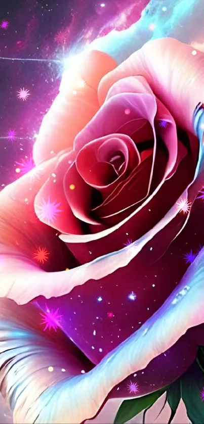 Stunning pink cosmic rose set against a vibrant galaxy background.