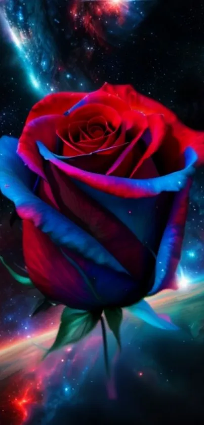 Vibrant cosmic rose with galaxy background.