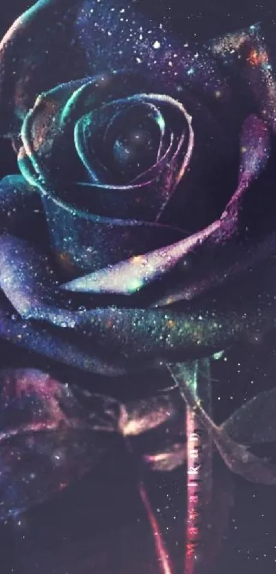 Cosmic rose in galaxy colors against a dark starry night backdrop.