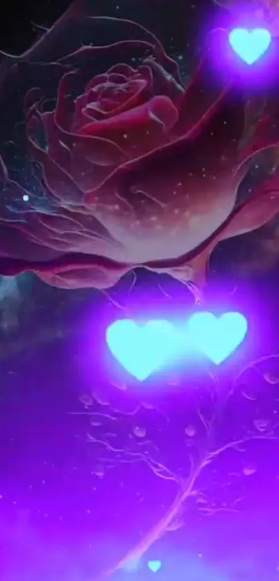 Cosmic rose with neon hearts glowing in a galaxy background.