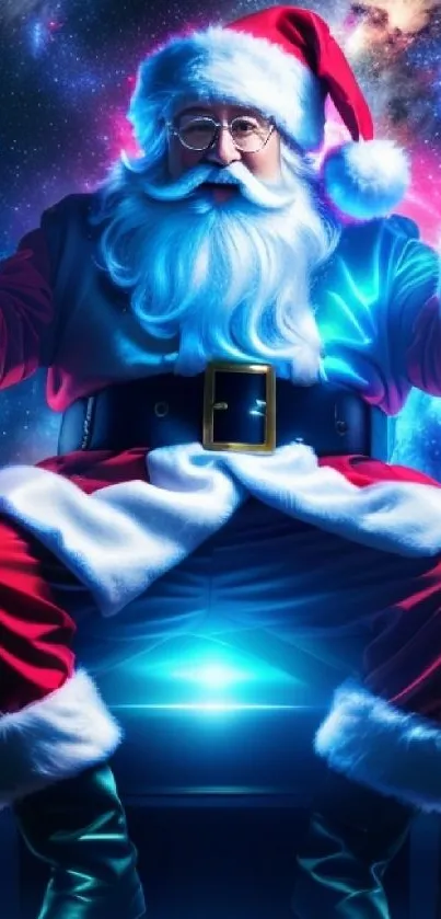 Vibrant Santa Claus in a cosmic galaxy scene for Christmas wallpaper.
