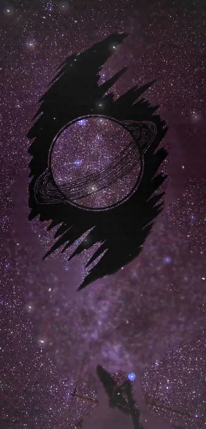 Dark purple galaxy wallpaper with Saturn art.