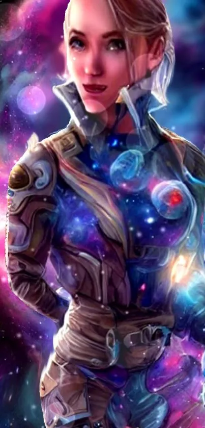 Futuristic female warrior in a cosmic galaxy background design.