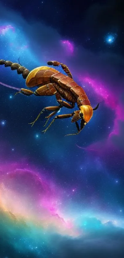 Cosmic scorpion floating in a vibrant space background.