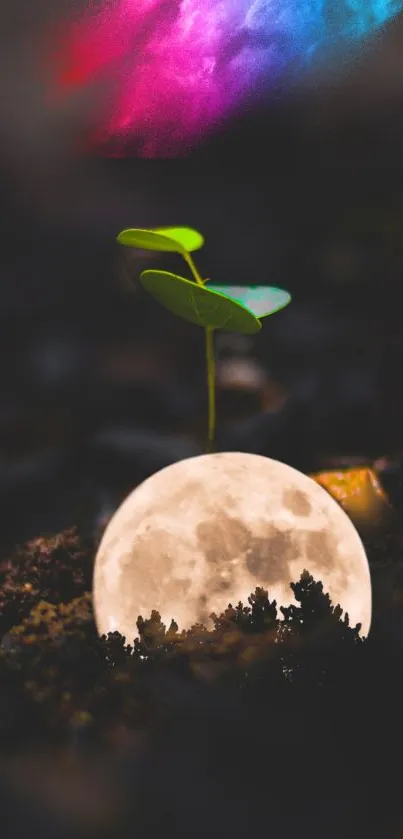 Moonlit seedling with cosmic sky background.