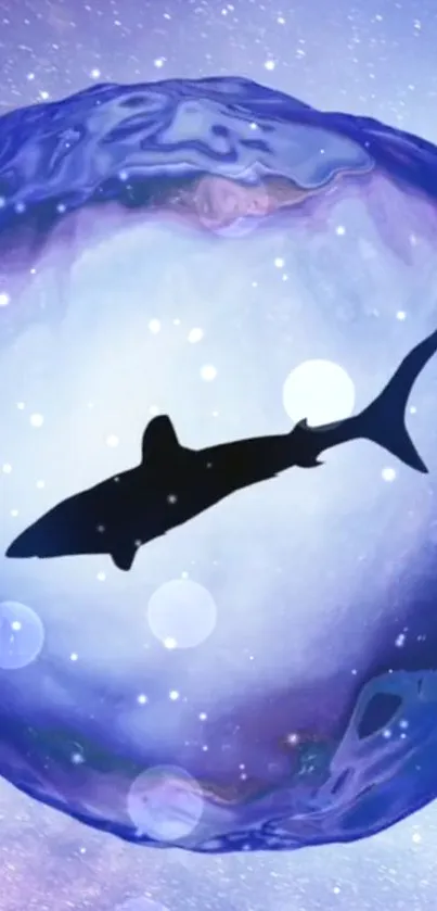 Silhouette of a shark in a cosmic water sphere wallpaper.