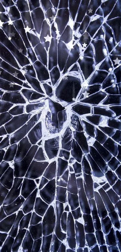 Cosmic shattered glass with stars on a dark blue background.