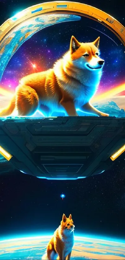 Shiba Inu in a futuristic cosmic setting with vibrant colors.