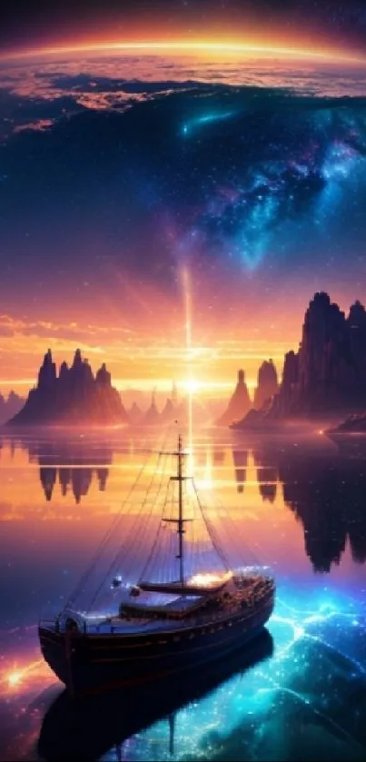 A ship sails under a cosmic, colorful sky.