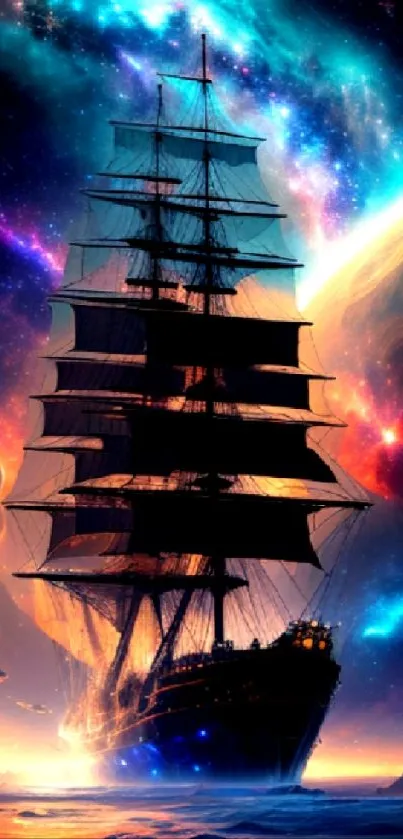 A ship sails under a vibrant galaxy sky with planets and stars.