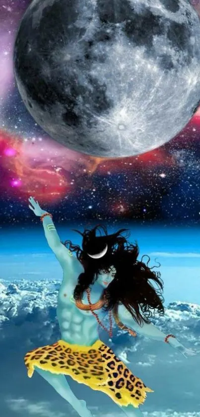 Shiva dancing under a cosmic moon with vibrant starry sky.