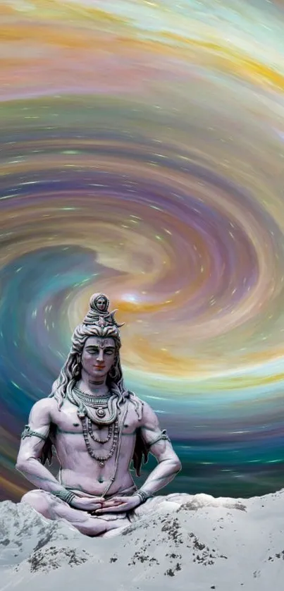 Lord Shiva meditating with cosmic swirl background in art.