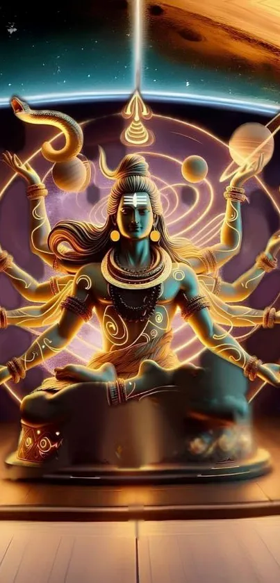 Shiva in cosmic meditation with planets and vibrant colors.