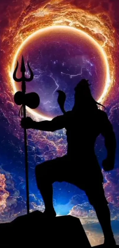 Cosmic silhouette of Shiva with vibrant celestial eclipse.