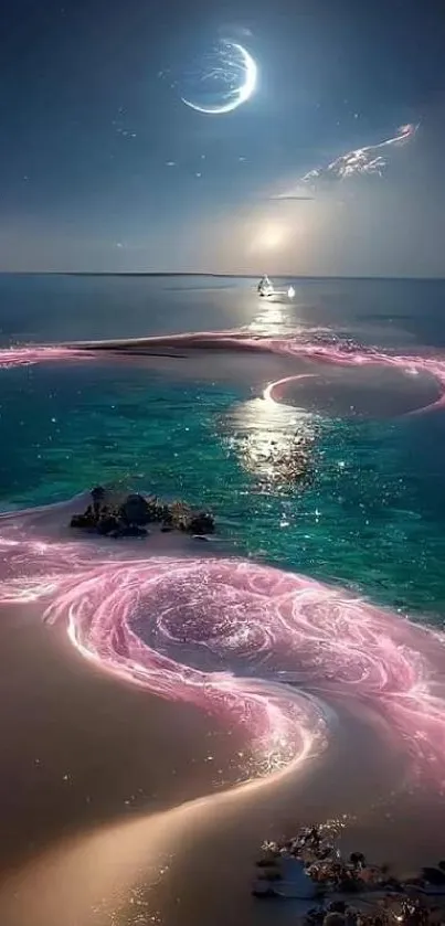 Surreal night scene with cosmic ocean and vibrant waves.