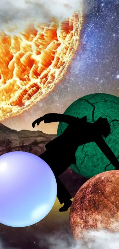 Illustrative fantasy wallpaper with planets and silhouette.