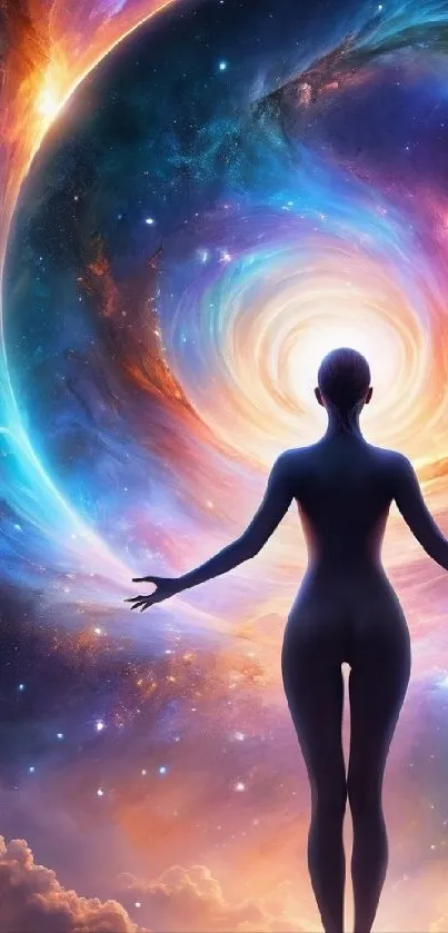 Silhouette stands before galaxy swirl in cosmic wallpaper.