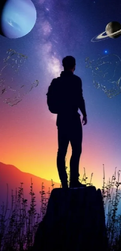 Silhouette against a cosmic night sky with planets and constellations.