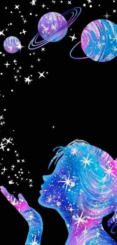 Silhouette of girl with cosmic planets and stars on phone wallpaper.