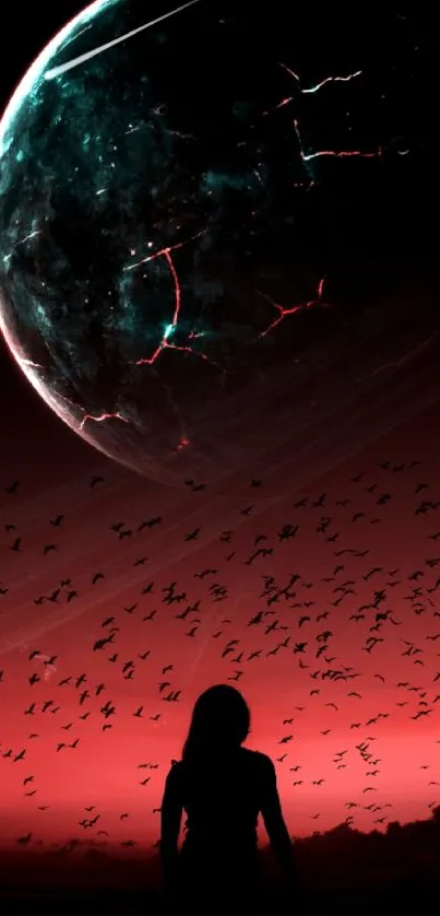 Silhouette under a red planet with birds in the night sky, cosmic mobile wallpaper.