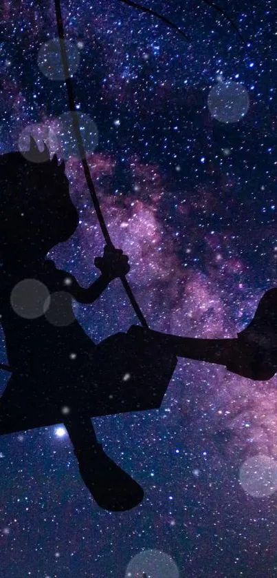 Silhouette on swing against starry night sky wallpaper.