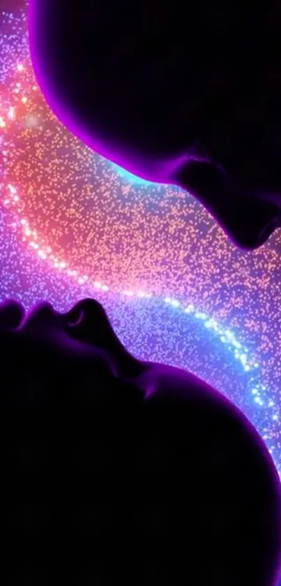 Cosmic silhouette mobile wallpaper with vibrant neon profiles.