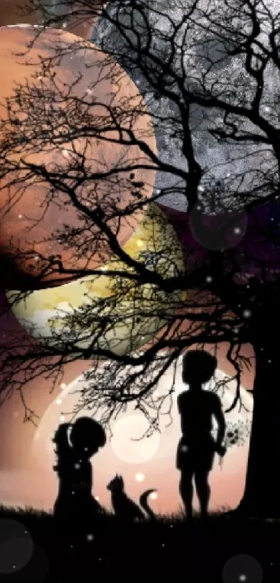 Silhouette of children, cat, and tree with colorful planets in the background.