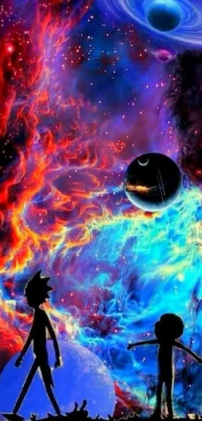 Colorful cosmic wallpaper with figures in space.