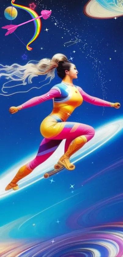 Vibrant cosmic skater in space with planets and stardust, colorful mobile wallpaper.