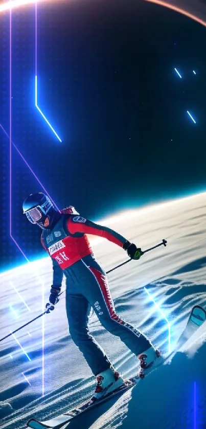 Skiing adventure in a cosmic landscape with a celestial backdrop.