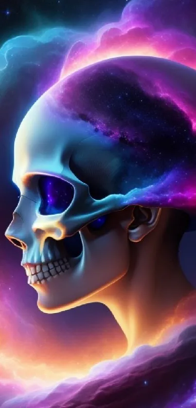 Futuristic cosmic skull with vibrant colors in a galaxy setting.