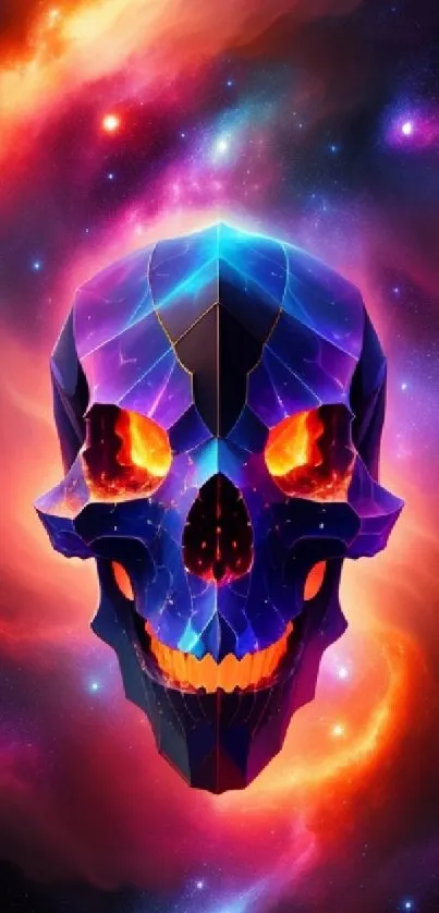 Vibrant cosmic skull design with neon colors and galaxy background for mobile wallpaper.