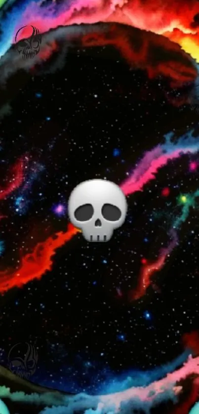 Colorful cosmic skull wallpaper with vibrant nebula background.