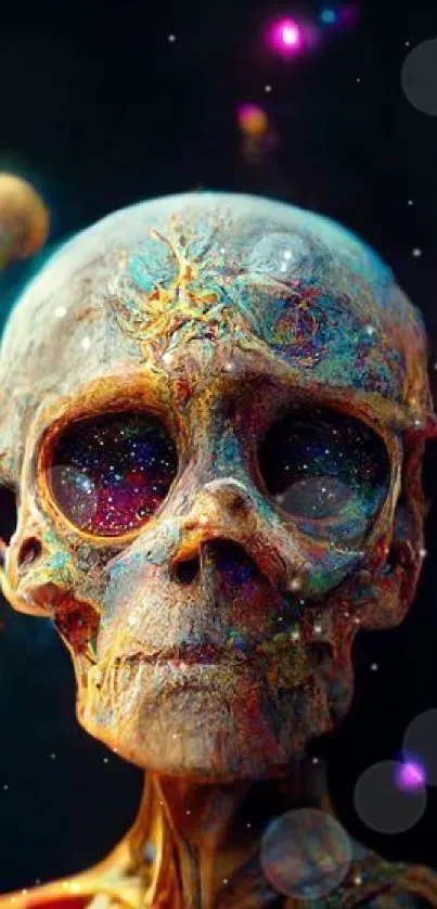 Colorful cosmic skull with planets mobile wallpaper.