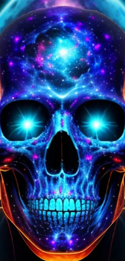 Bright neon cosmic skull with blue glow on black background.