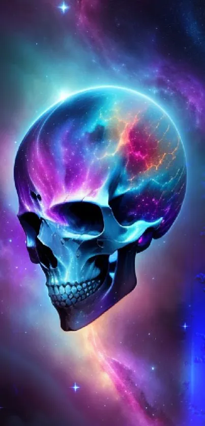 Cosmic skull with vibrant nebula background.