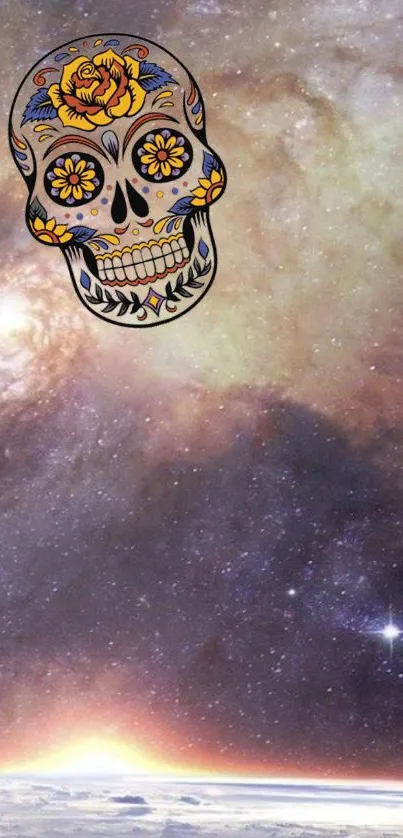 Artistic sugar skull with cosmic galaxy backdrop.