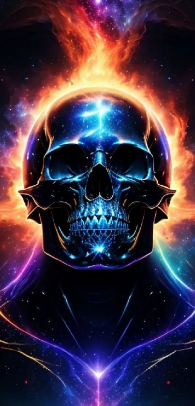 Vibrant cosmic skull wallpaper with electric blue glow and fiery accents.