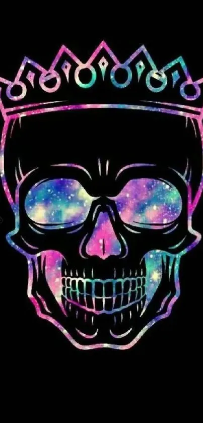 Colorful cosmic skull with crown on black background.