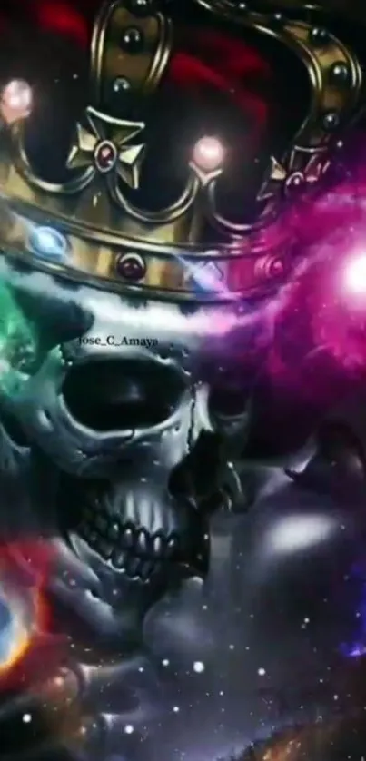 Cosmic skull with a crown surrounded by vibrant galaxies.