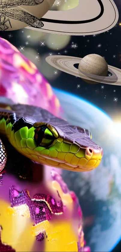 Colorful snake with Saturn in space, vibrant cosmic wallpaper.