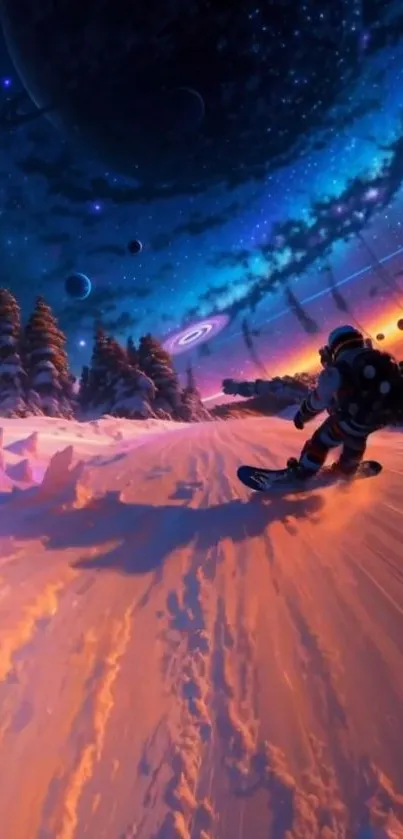 Cosmic snowboarding wallpaper with vibrant colors and a futuristic space setting.