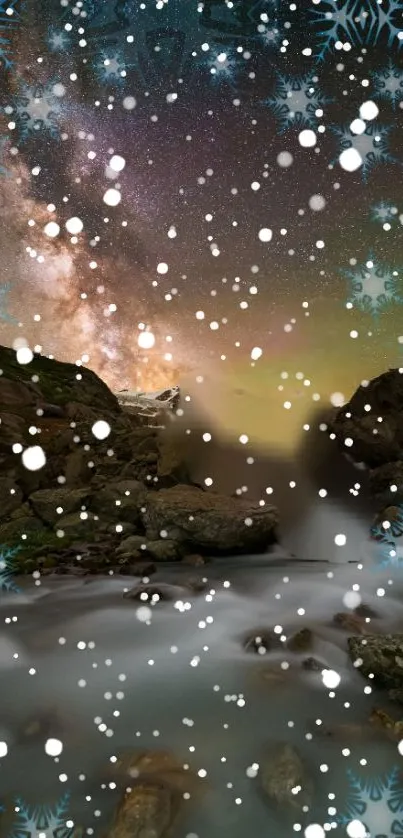 Snowfall over a cosmic night sky with a rocky river and the Milky Way.